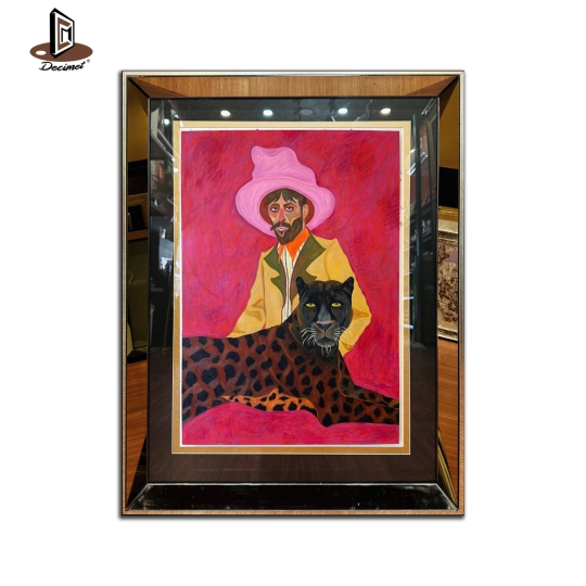 Tranh Khung Gương Trà Man Wearing Pink Hat with Big Cat