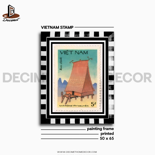 Tranh Tem Khung Composite Vẽ Tay Vietnam Stamp. Nhà Rông Tây Nguyên