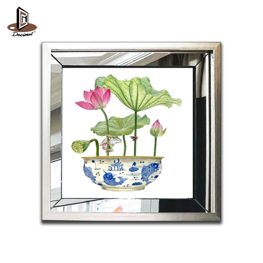 Tranh Khung Gương Bạc Ghép Composite Chinoiseries. Lotus With Chinese Vase