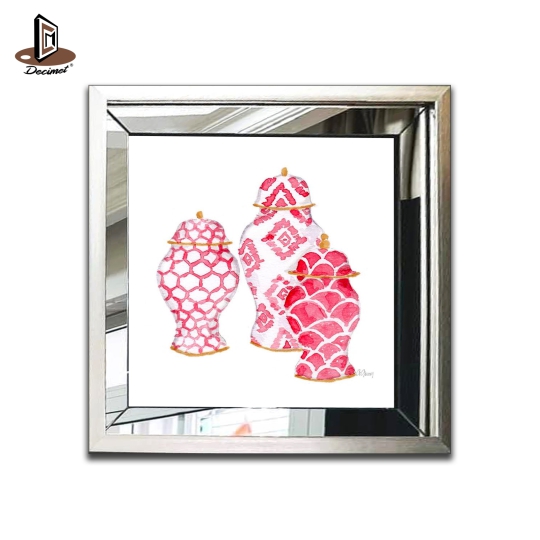 Tranh Khung Gương Bạc Ghép Composite Chinoiseries. Pink Ginger Jars