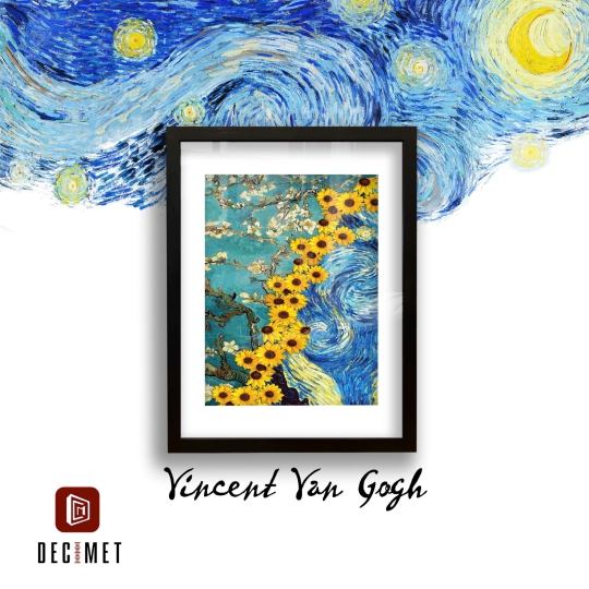 Tranh Khung Composite Đen Gân Starry Night x Sunflowers Field