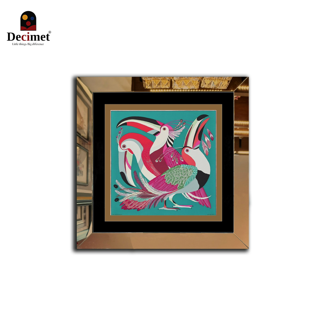 Tranh Khung Gương Vuông Hermes. Khăn Toucans De Paradis Green Pink White
