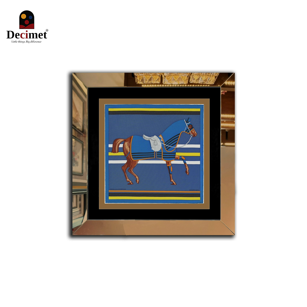 Tranh Khung Gương Vuông Hermes. Khăn Blue Cheval A La Couverture