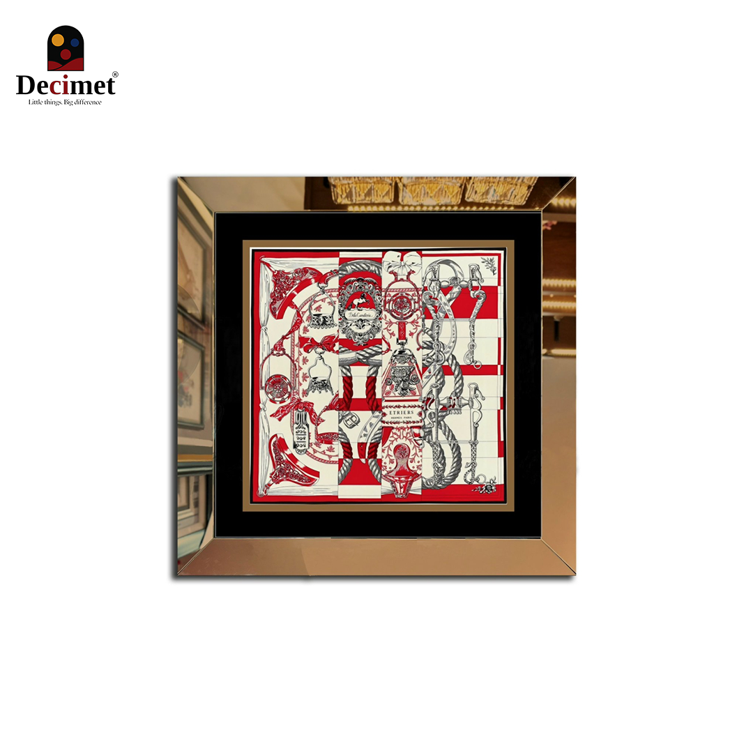 Tranh Khung Gương Vuông Hermes. Khăn Cavalleria D'Etriers